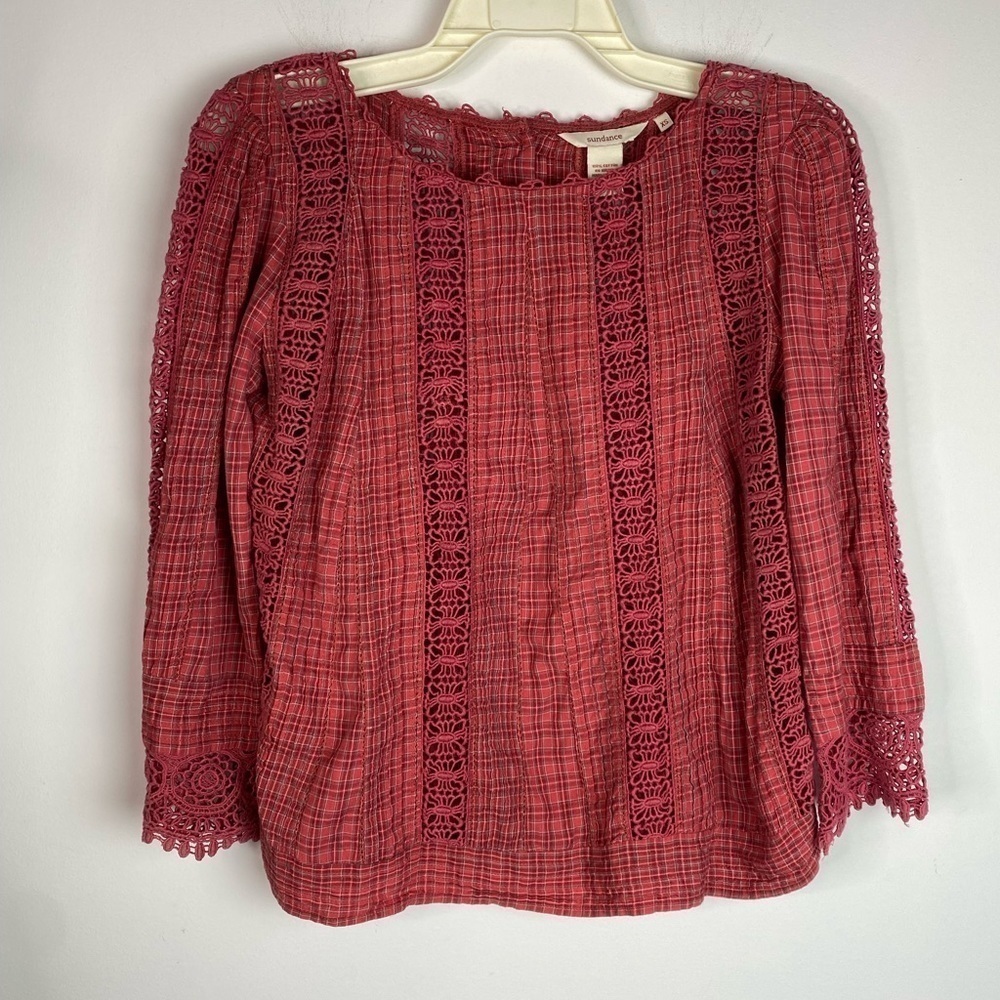 Sundance pink red plaid crochet blouse XS